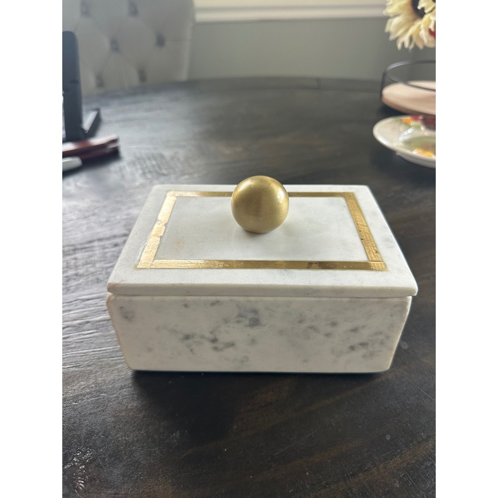 Sagebrook Home White Marble Decorative Box Brass Gold Knob 7x5 Heavy 5 lb EUC
